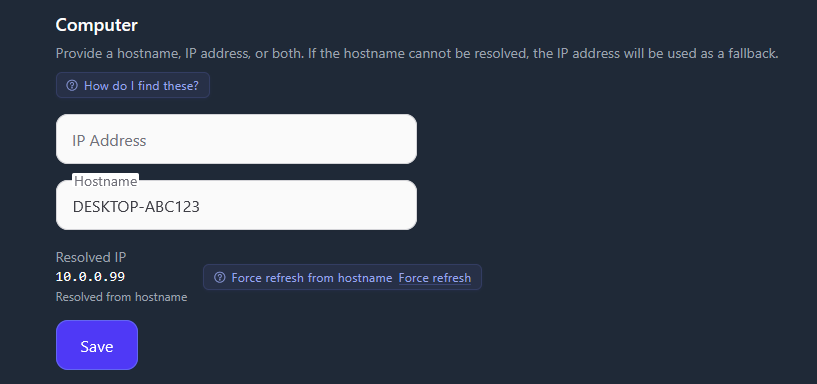 The Computer section of Settings. The IP Address box is empty and the Hostname box contains DESKTOP-ABC123. Below the boxes, the Resolved IP line shows the address with the note "Resolved from hostname".